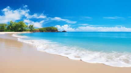 Serene tropical beach with calm waves, distant island, and vibrant blue sky