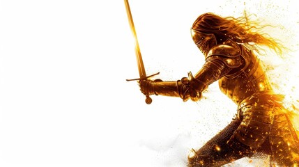 A silhouette of a warrior in golden armor wielding a sword, radiating light against a white background, symbolizing strength and bravery.