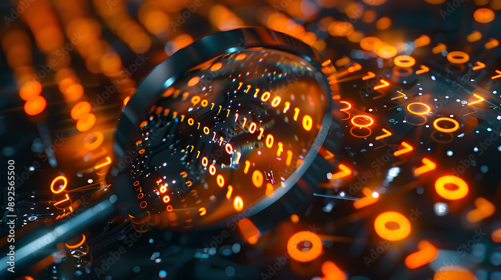 Poster a magnifying glass focusing intently on a sea of binary code revealing the intricate patterns of 1s 