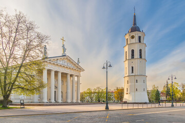 Bell Tower of Vilnius Cathedral with downtown Vilnius city skyline, cityscape of  Lithuania