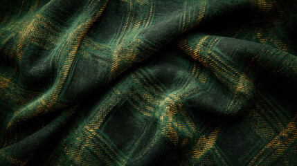 Soft, green plaid fabric draped and folded, creating a rich, textured pattern with a cozy, warm feel.