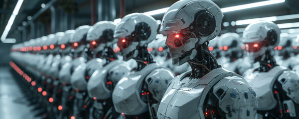 Fototapeta premium Futuristic Factory Scene Depicting Human Labor Under Robot Supervision