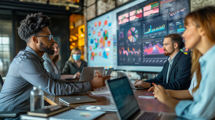Diverse Team of Professionals Analyzing Data in Modern Office Meeting