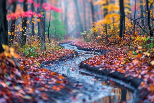 Colorful foliage and winding paths in a vibrant autumn forest with a peaceful stream, tilt-shift blur effect, focus on paths, vibrant, overlay, picturesque nature backdrop