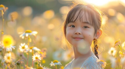 Fototapeta premium Young Girl Enjoying a Sunny Day in Daisy Field