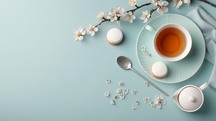 Fototapeta premium Classic teapot and tea cup with tea leaves and a glass full of tea for drinking.