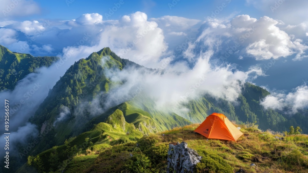 Poster a tent pitched on a mountain ridge with a view of clouds rolling over nearby peaks