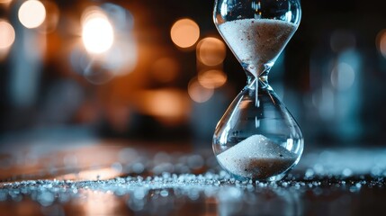 An hourglass in an ambient low light environment, capturing the essence of time passing, with scattered sand grains illustrating the continuous flow and the passage of moments.