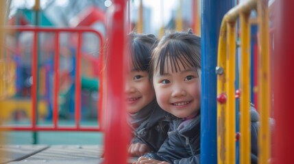 Two Joyful Children Playing in Colorful Playground
