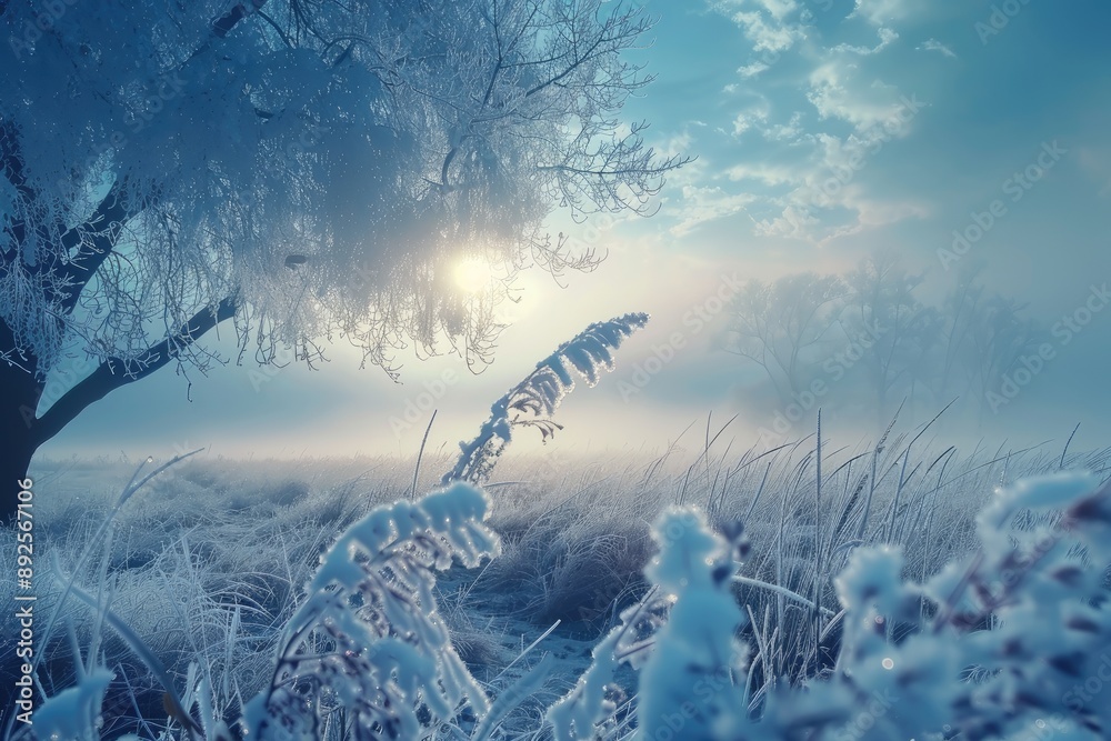 Canvas Prints a snowy field with a tree in the foreground. the sky is blue and the sun is shining through the clou