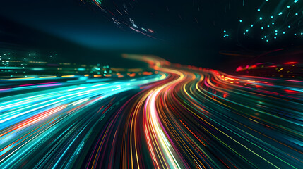 Futuristic data stream with dynamic light trails in vibrant blue green and red colors flowing towards the horizon on a dark high tech background  The lines create a sense of motion and energy