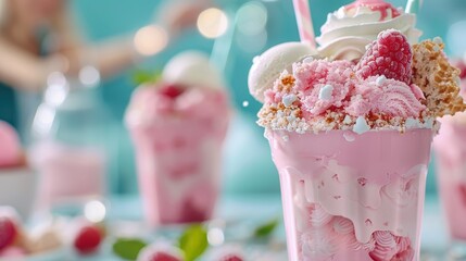 A delightful arrangement of pink milkshakes topped with whipped cream, fresh raspberries, and wafers, exuding sweetness and indulgence, perfect for dessert lovers.