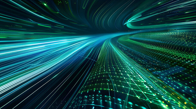 digital featuring a vibrant data stream with flowing light trails in shades of blue and green set against a dark grid patterned background  The lines converge towards the center - Powered by Adobe