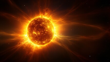 Fototapeta premium Space view of sun, dark space backdrop, radiant sun, solar flares