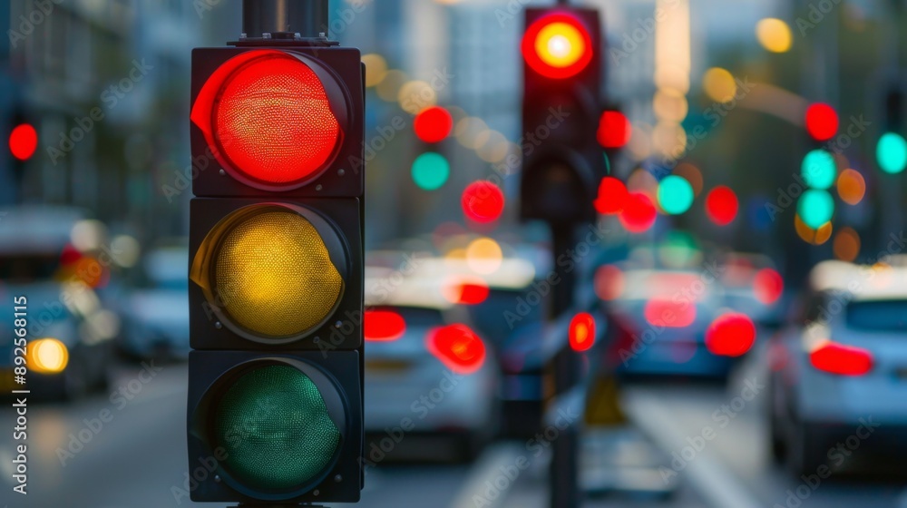 Poster a traffic light changing from red to green with cars waiting at an intersection