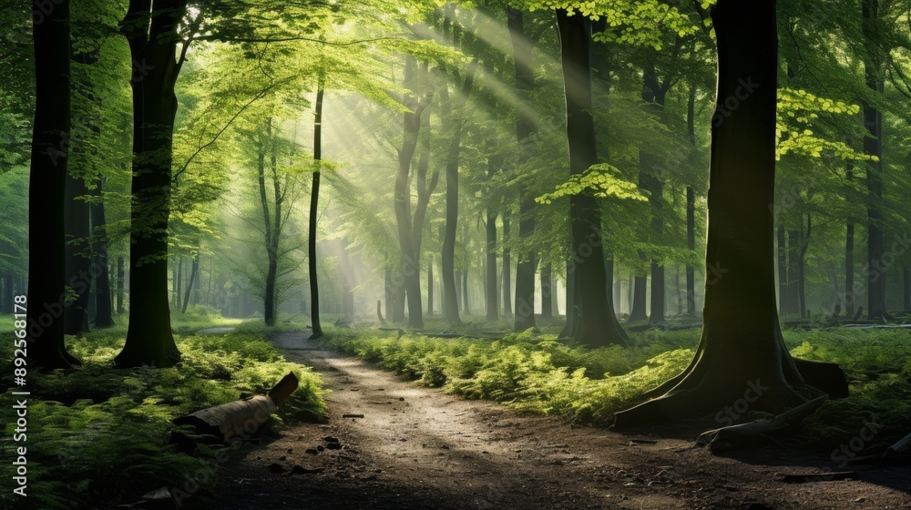 Poster Spring forest with new leaves and sunlight filtering through trees, fresh and tranquil