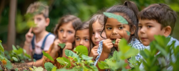 Group of children playing hide and seek in lush greenery.