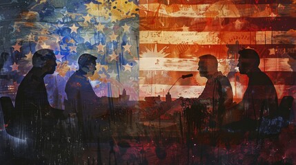 Obraz premium American Politics Silhouettes Against Flag Background - A group of four silhouettes of men sit at a table, facing each other, against a background of an American flag. They are discussing something se