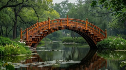 Red Wooden Bridge in Serene Asian Garden