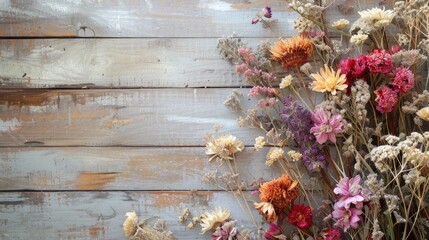 Arrangement of dried flowers on wooden backdrop with space for text and design Romantic floral display for greeting card Top down view