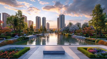 Fototapeta premium Urban Oasis: Modern Park with Skyline