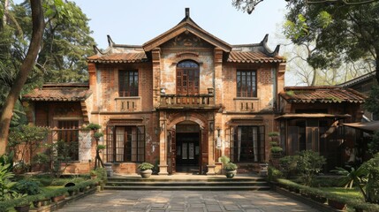 Fototapeta premium Historic Brick Mansion in Lush Garden Setting
