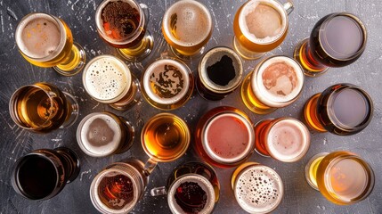 Assorted Beers on a Rustic Tabletop - A collection of various beer styles and colors arranged on a rustic grey background, showcasing the diverse nature of craft brewing.