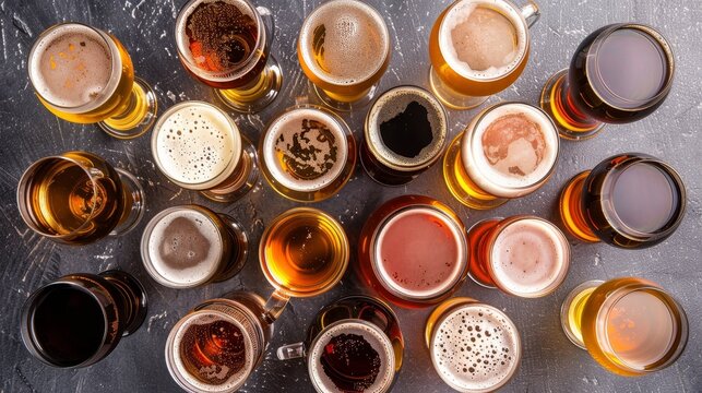 Assorted Beers on a Rustic Tabletop - A collection of various beer styles and colors arranged on a rustic grey background, showcasing the diverse nature of craft brewing.