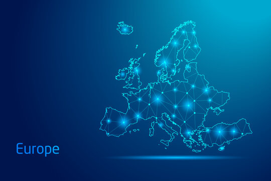 Europe map - concept of communication technology, graphic of low poly.