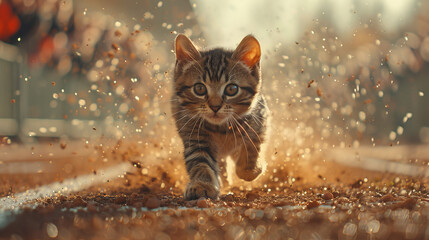 Cat in Sporty Outfit Running on Track with Focused Expression.