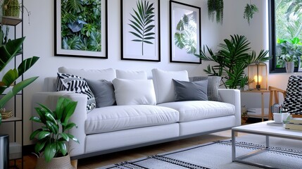 A bright white sofa is set in a modern living room with framed green leaf plant decor, creating a fresh and serene environment that exudes comfort and style.