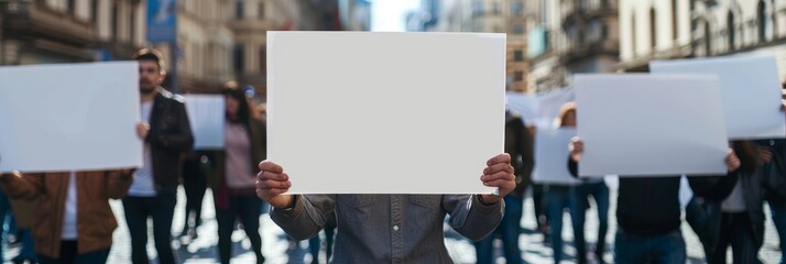 Blank Sign Held High at a Protest - Your Message Here - A person in a crowd holds a large blank sign high above their head, showcasing the power of a unified message. The image symbolizes unity, prote