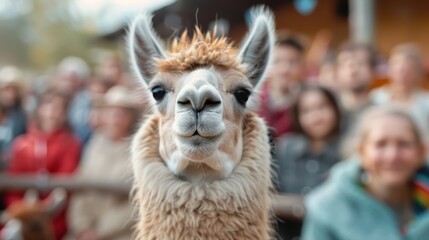 Fototapeta premium A detailed close-up shot of a llama with a crowd of people in the background at an outdoor event, blending nature and human interaction.