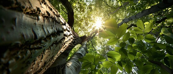 Fototapeta premium Lush Canopy Diversity Low Angle View of Varied Tree Species in Vibrant Forest Setting