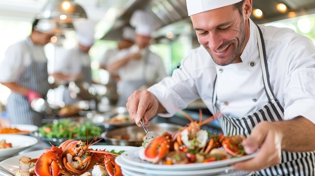 A bustling professional kitchen with multiple chefs preparing and serving dishes, highlighting the teamwork and dedication involved in the culinary arts.