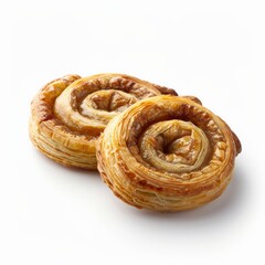 Fototapeta premium Two palmier pastries, golden brown and glistening, sit on a white background