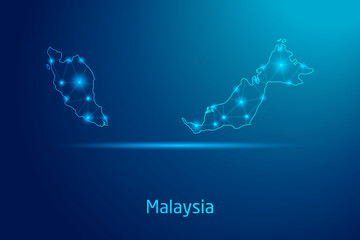 Malaysia map - concept of communication technology, graphic of low poly.