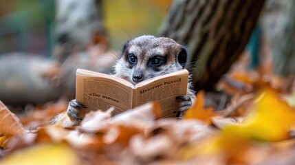 A meerkat engrossed in a book is seated among autumn leaves in a forest, creating a cozy and serene moment amid the natural autumn setting with warm colors.