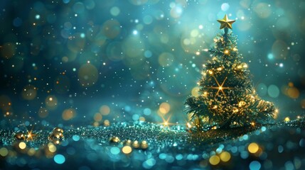 Naklejka premium Festive Christmas Tree with Lights and Bokeh Background