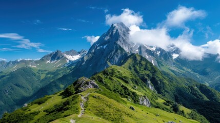 Obraz premium A stunning image of a mountain range featuring a towering peak and lush green hillside, with a beautiful clear sky and scenic vista, capturing natural splendor and majesty.