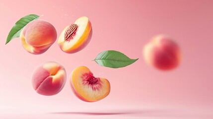Flying peach fruit with half slice and green leaves, suspended in mid-air, isolated on a vibrant background
