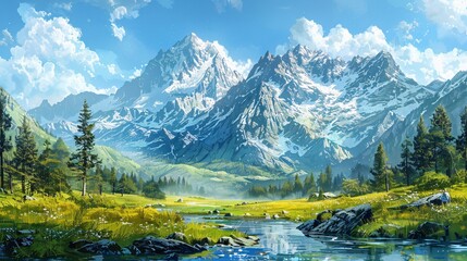 Tranquil Summer Mountain Landscape in Watercolor with Towering Peaks, Lush Meadows, and Crystal Clear River