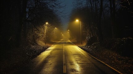 Misty Night Road with Streetlights
