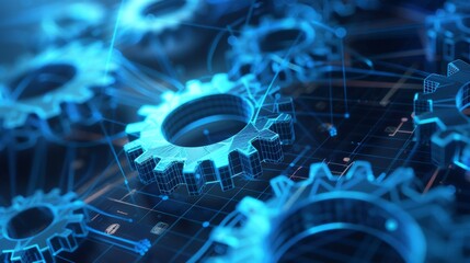 Digital Gears: The Future of Technology and Innovation - This image represents the concept of technology, innovation, collaboration, efficiency, and progress. It depicts a group of digital gears worki