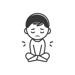 very sad little boy sitting alone minimalist line art icon logo symbol 