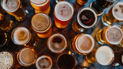 Diverse Assortment of Craft Beers in a Glass Collection - A close-up shot of a diverse selection of craft beers in various glass types, showcasing the rich colors and textures of different brews. The 