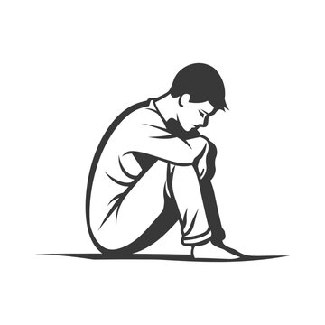 recommend clip art: very sad man sitting alone minimalist line art icon logo symbol 