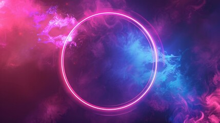 Obraz premium Abstract neon background with glowing circular shape and spinning cloud. Blank geometric frame