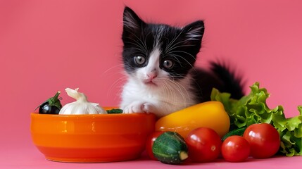 cooking black and white fluffy little kitten next to an orange bowl and vegetables on pink background