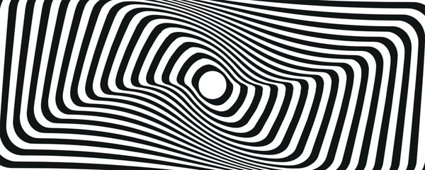Abstract hypnotic spinning lines background. Black and white tunnel wallpaper. Psychedelic twisted stripes pattern. Rotating spiral knot template for poster, banner, cover. Vector optical illusion